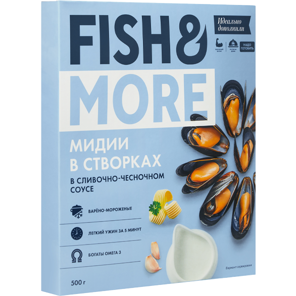 Мидии в сливочно-чесночном соусе премиум "FISH & MORE" замороженные, 500 г