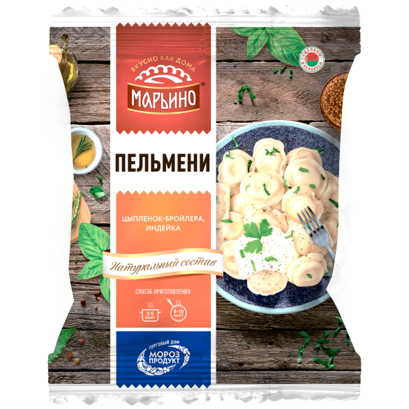 Пельмени с мясом цыпленка-бройлера и индейкой "МАРЬИНО" замороженные, 800 г