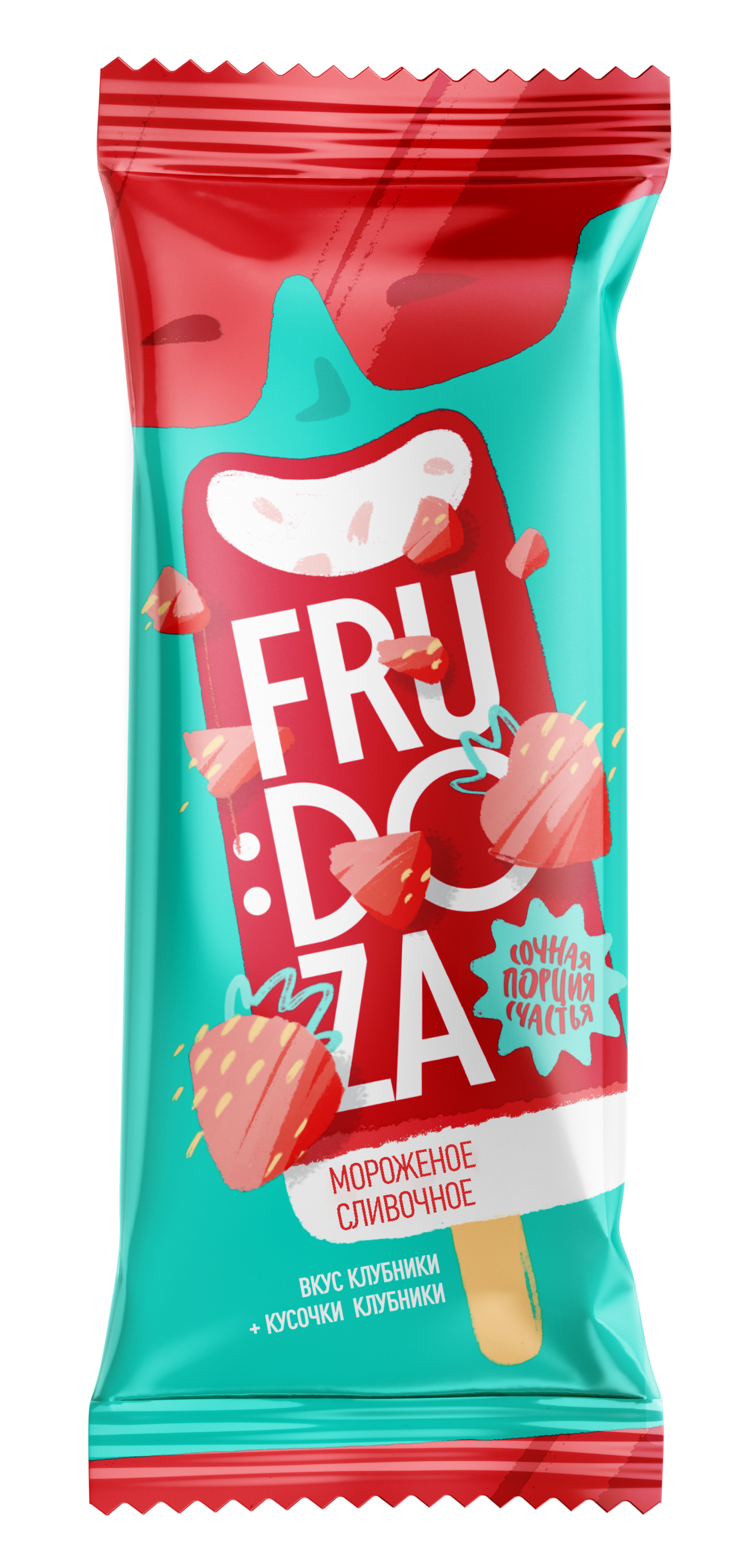 Мороженое сливочное с кусочками клубники во фруктовой оболочке "FRUDOZA" эскимо, 65 г