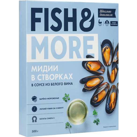 Мидии целые в соусе из белого вина премиум "FISH & MORE" замороженные, 500 г