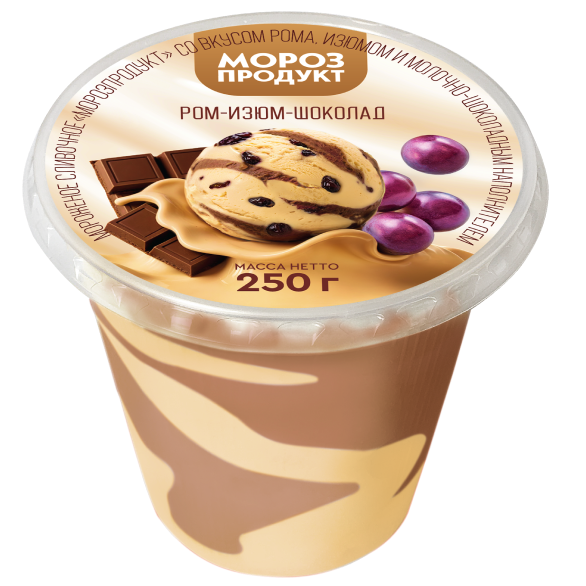 Мороженое сливочное со вкусом рома, изюмом и молочно-шоколадным наполнителем "МОРОЗПРОДУКТ", 250 г