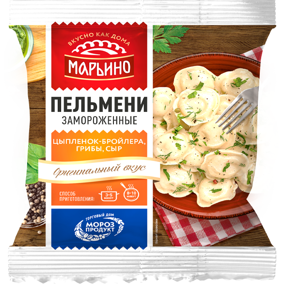 Пельмени с мясом цыпленка-бройлера, грибами, сыром "МАРЬИНО" замороженные, 400 г